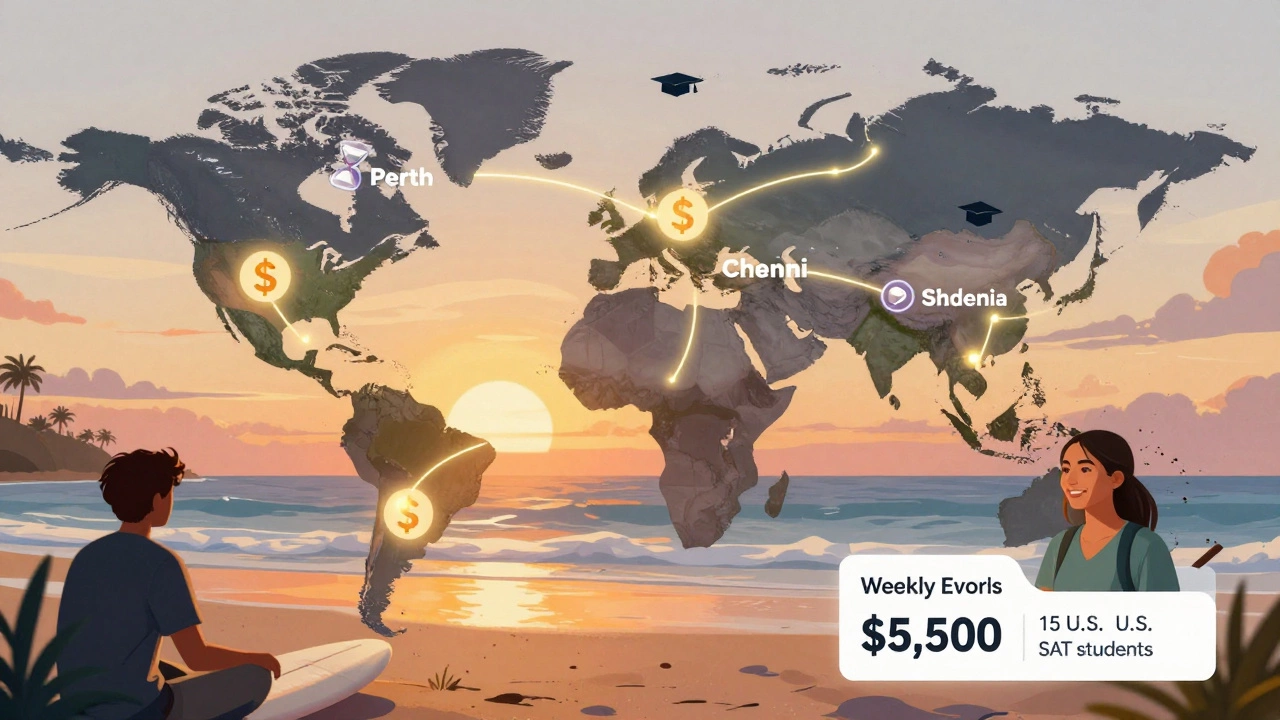 A global map shows tutors from Australia, India, and Australia connecting to students in the U.S., India, and Saudi Arabia, with earnings and icons highlighting premium demand.