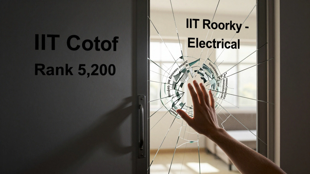A hand reaching through a cracked door labeled 'IIT Cutoff' toward a brightly lit room labeled 'IIT Roorkee'.