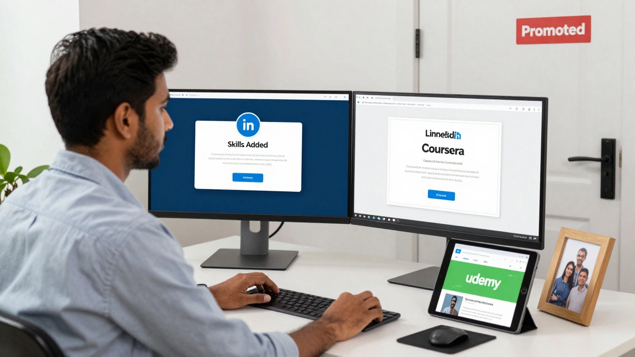 A professional with multiple learning platforms open, a certificate visible, and a promotion sticker on the door.