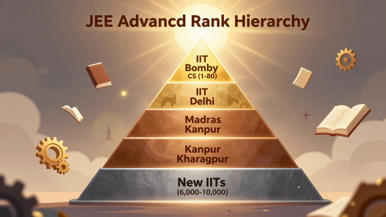 A pyramid illustrating JEE Advanced rank tiers from top IITs to newer IITs with color-coded sections.