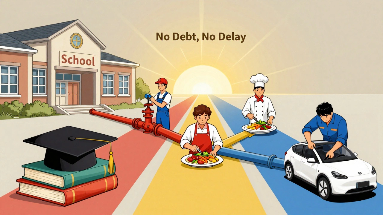 Branching path showing vocational careers alongside traditional academics.