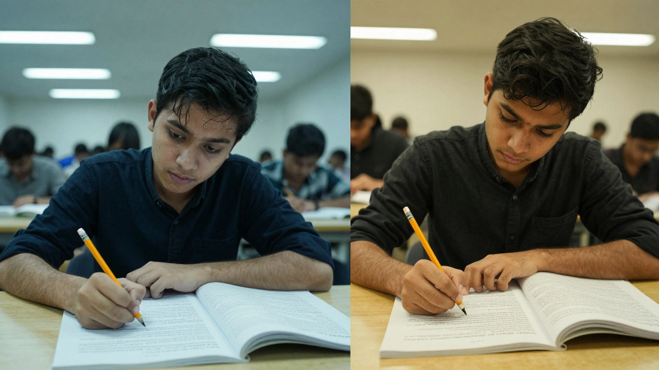 Contrasting exam scenes: one student taking NEET biology, another solving CLAT legal reasoning.