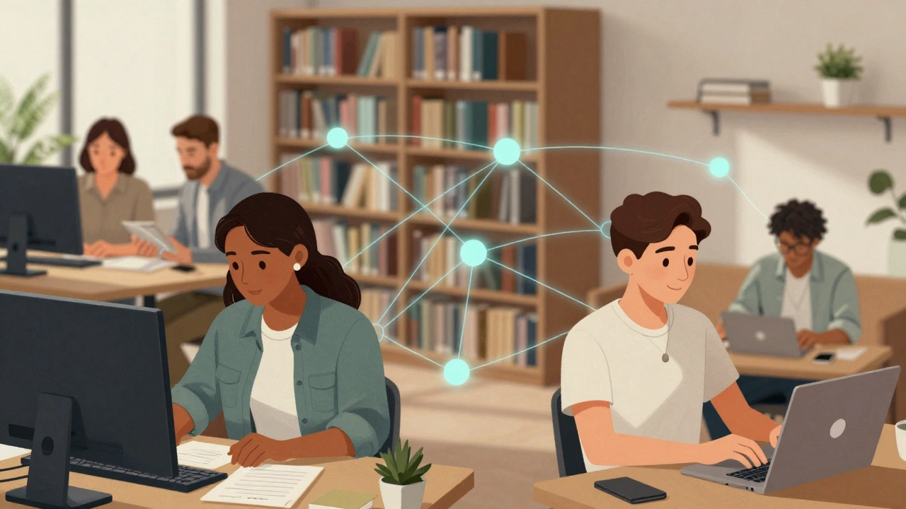 Diverse professionals and students connected by a digital learning network.