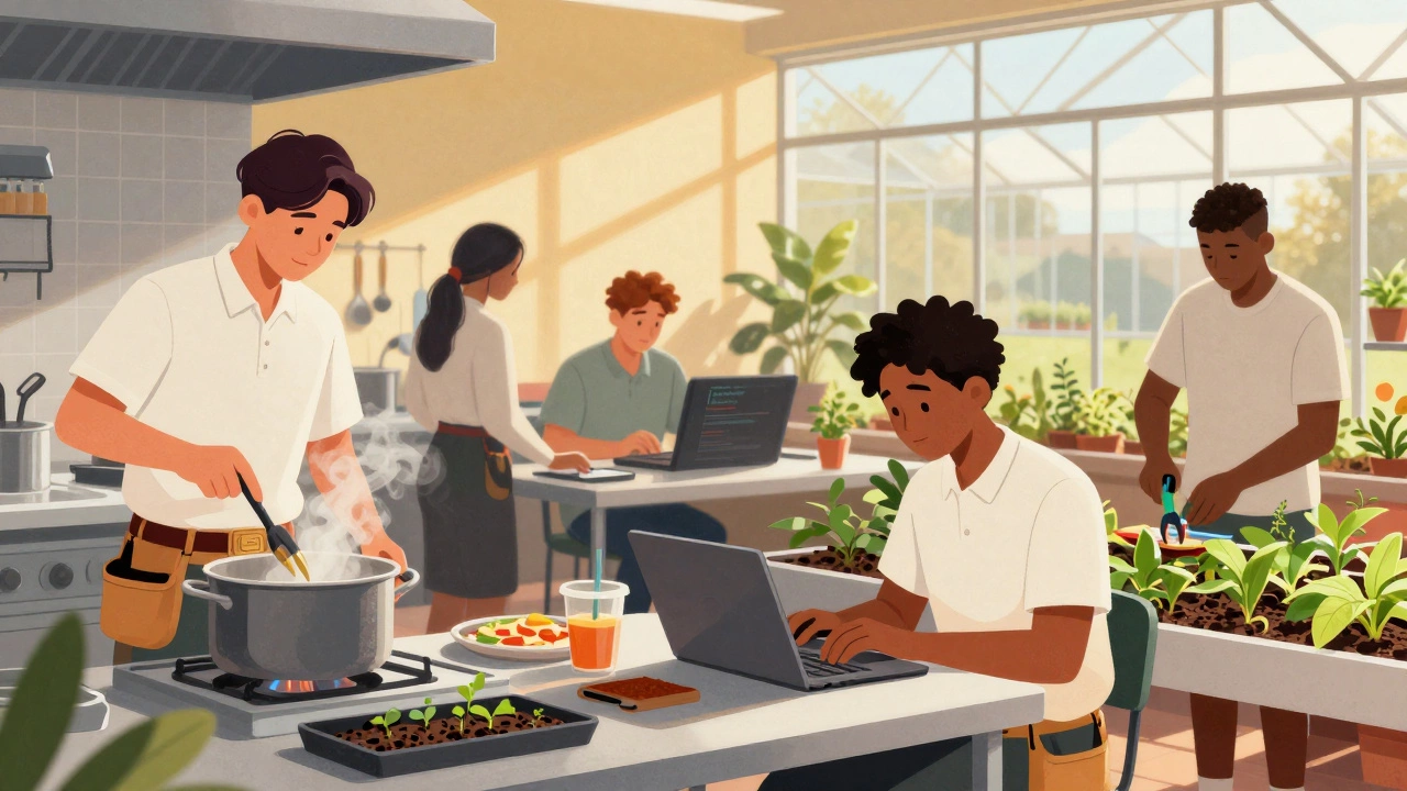 Diverse students learning culinary, digital media, and horticulture skills in a school setting.