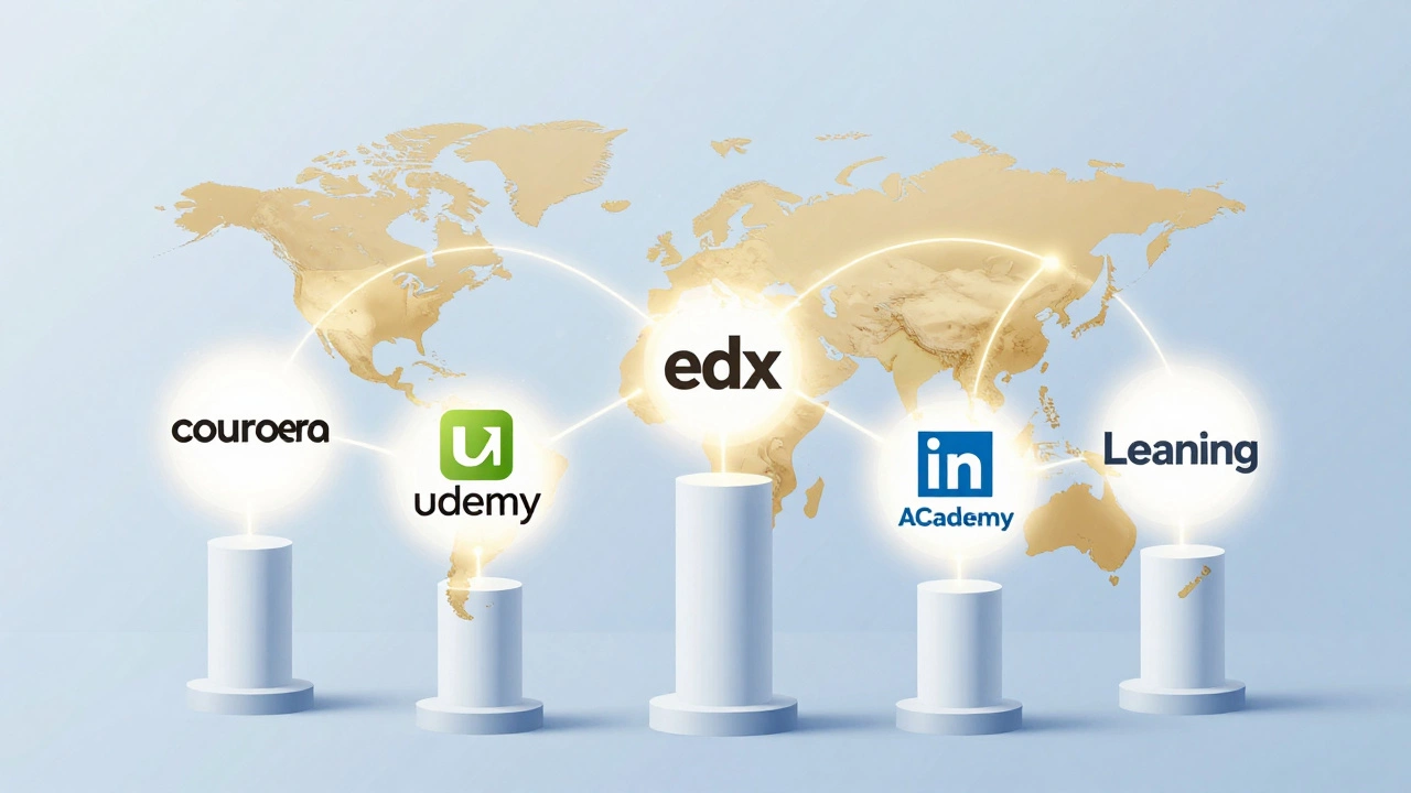 Five education platform logos as pillars supporting a glowing global map with data streams.