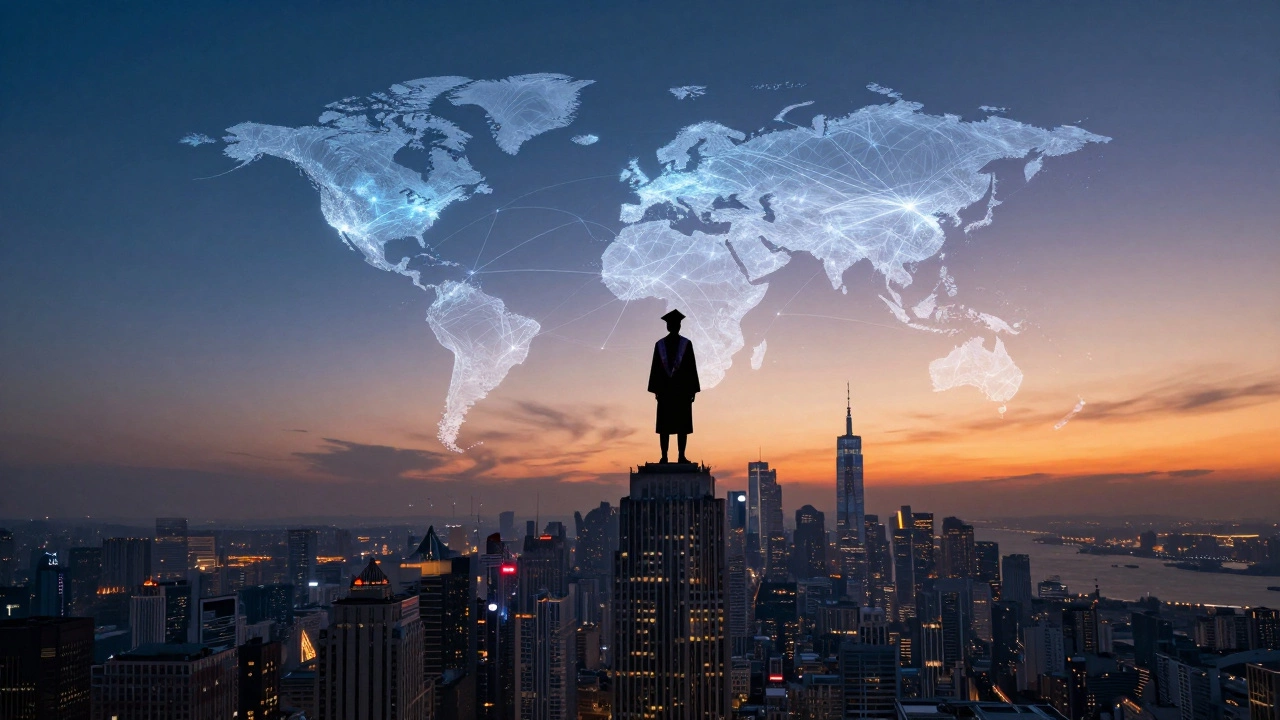 Graduate silhouette overlooking global network of city lights.