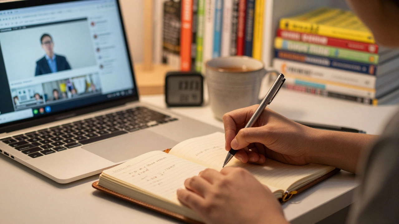 Hands writing notes near laptop, timer on desk, organized study space.