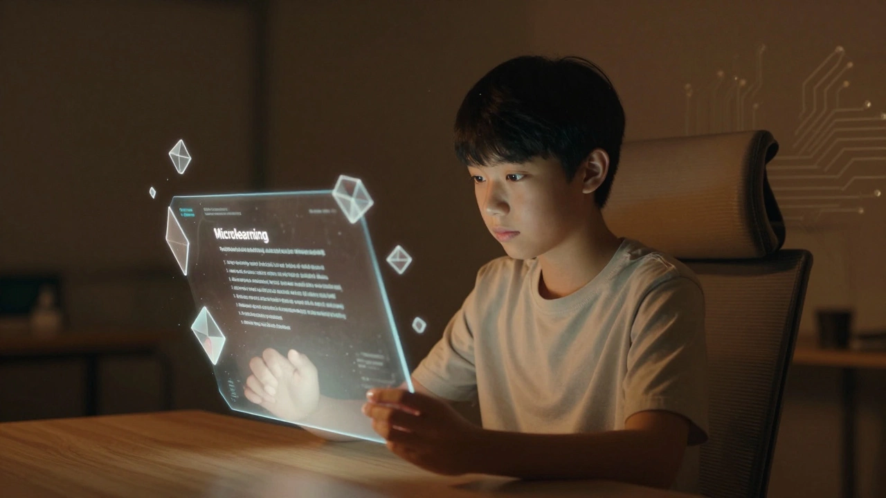 Learner immersed in holographic AI-driven education with floating shards.