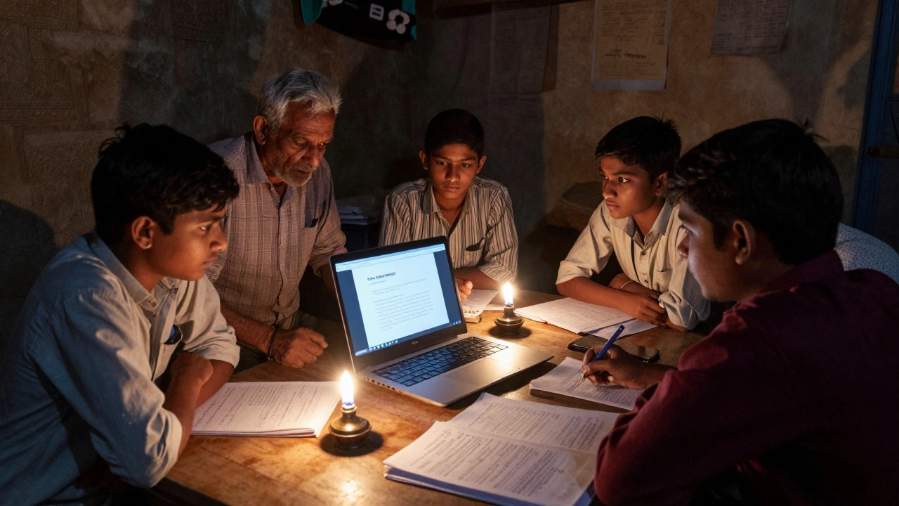 Rural Bihar students learning from a laptop with mentorship and printed study materials under soft lighting.