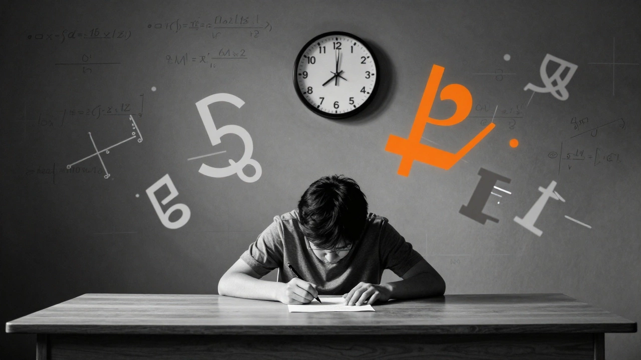 Student taking timed exam test, intense focus, dramatic shadows.