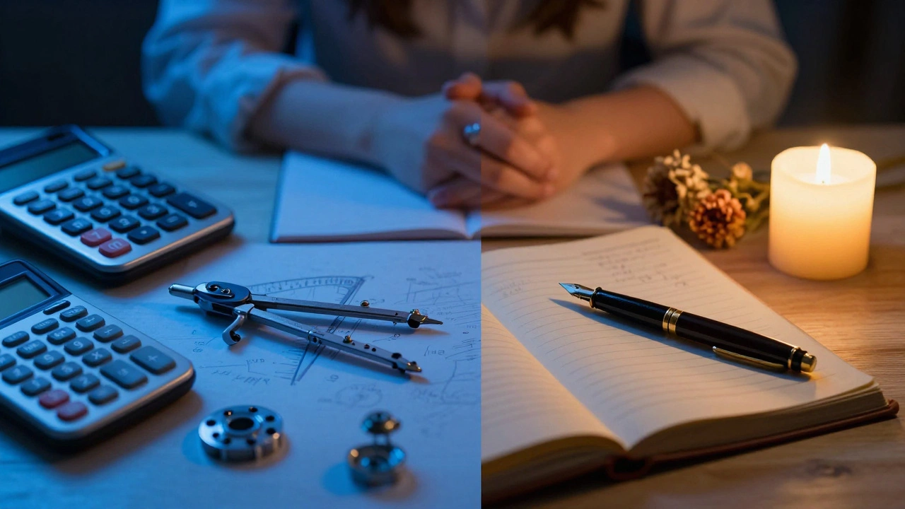 Study desk split between engineering tools and classic literature.