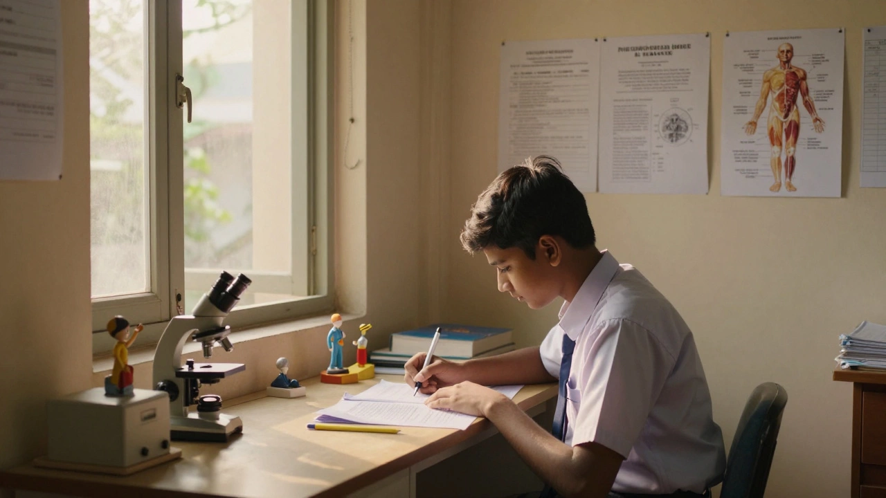 Tamil Nadu student studying at dawn with science books and lab equipment beside a sunlit window.