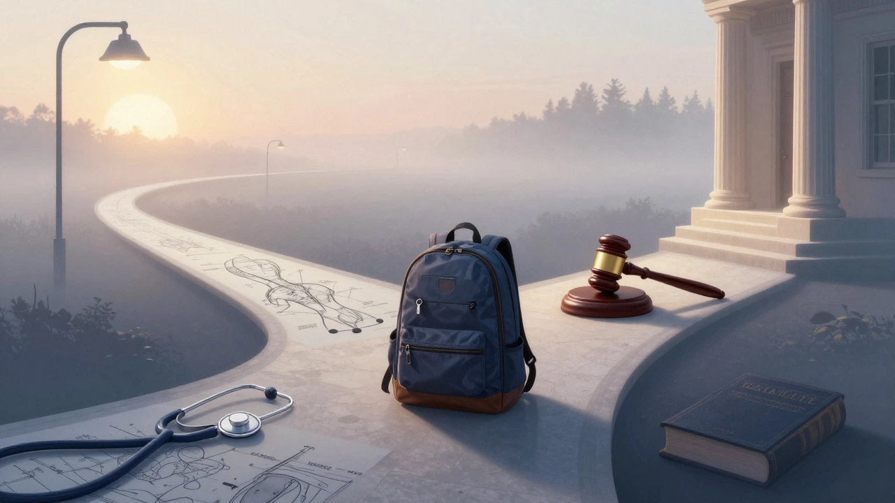 Two diverging paths at dawn symbolizing law and medicine career choices.