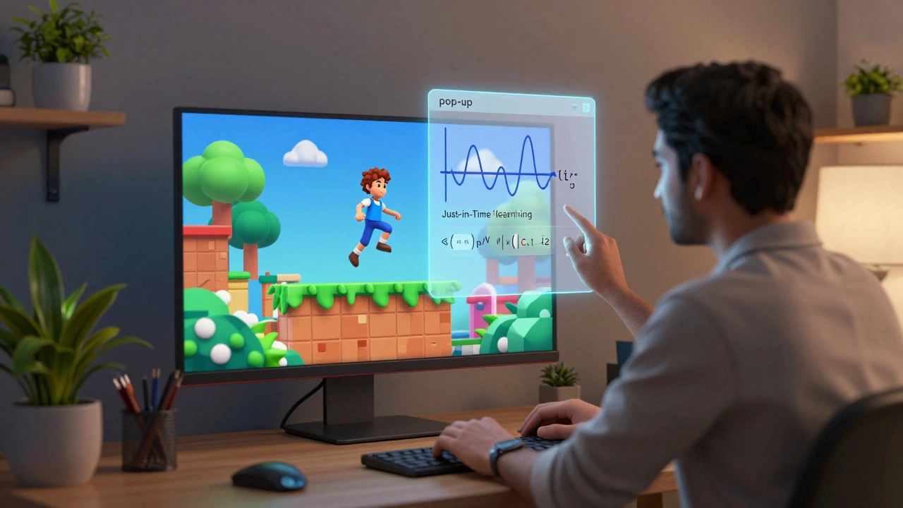 A developer using a holographic math formula to animate a jumping game character.