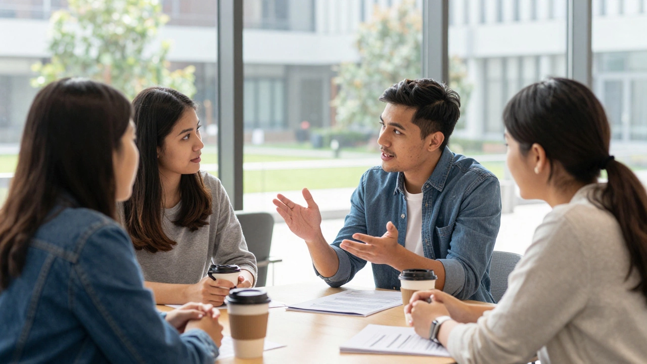 A diverse group of MBA students collaborating and helping each other in a bright campus lounge.