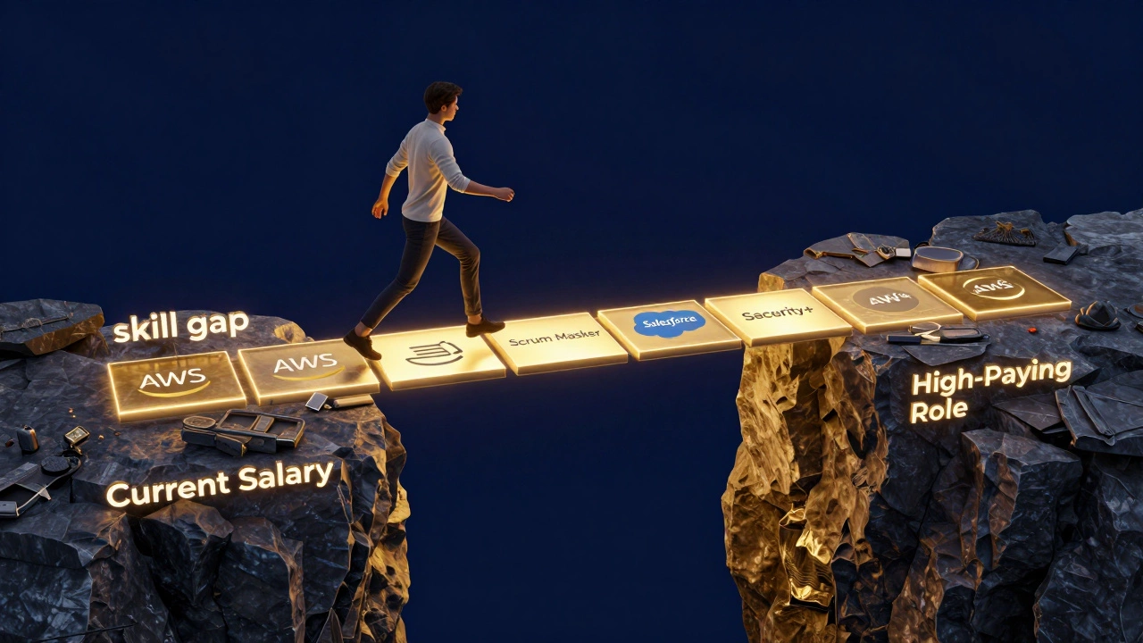 A person crossing a gap using a bridge made of glowing professional certification tiles.