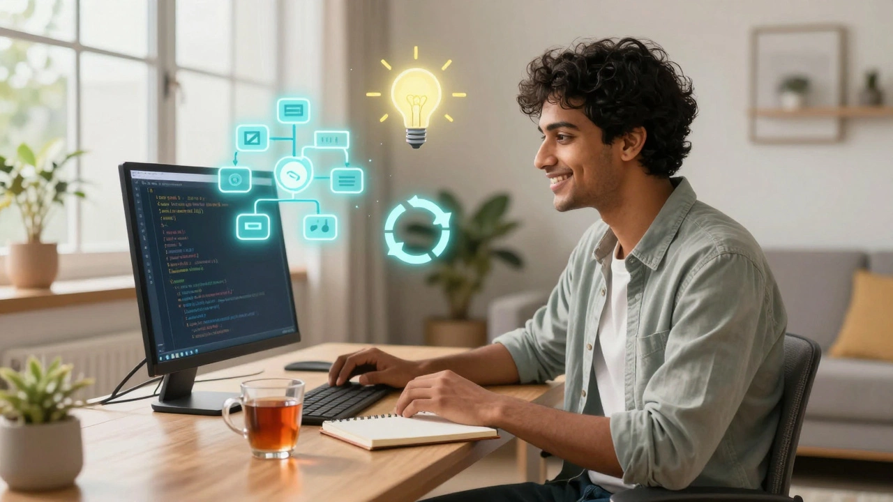 A person in a home office smiling after successfully completing a coding project