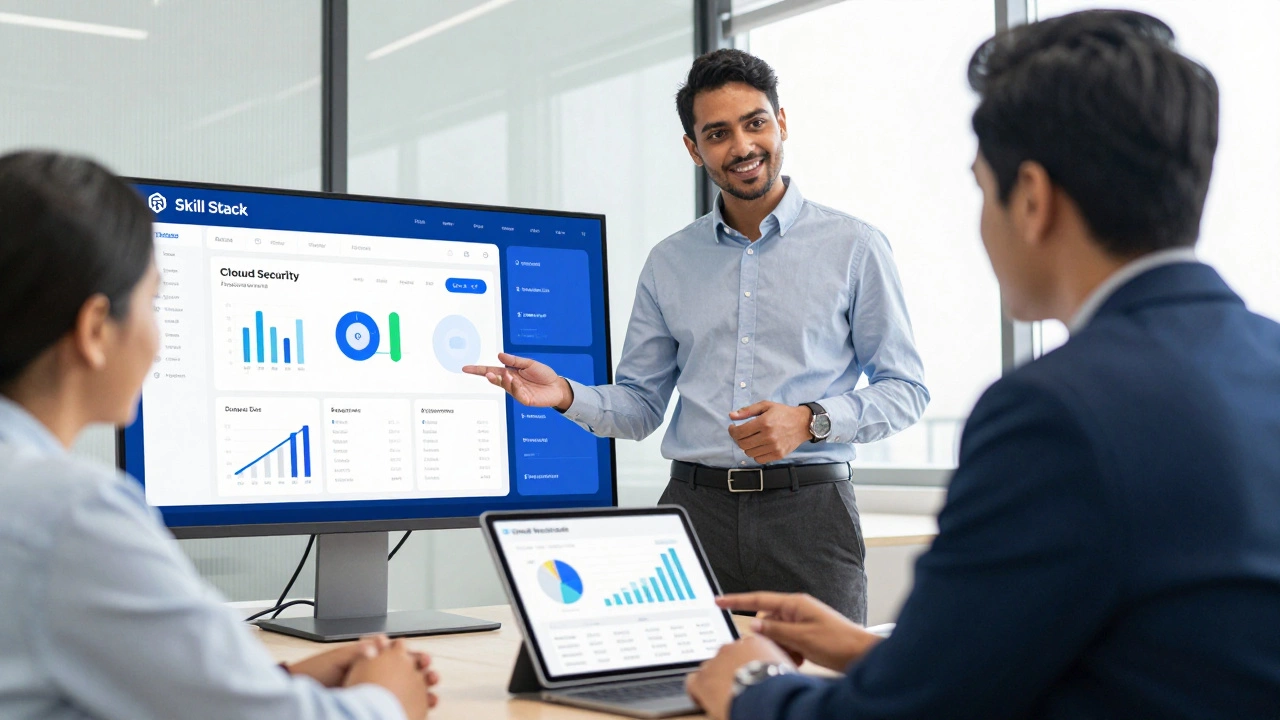 A professional presenting a digital portfolio of certifications and projects to a manager.