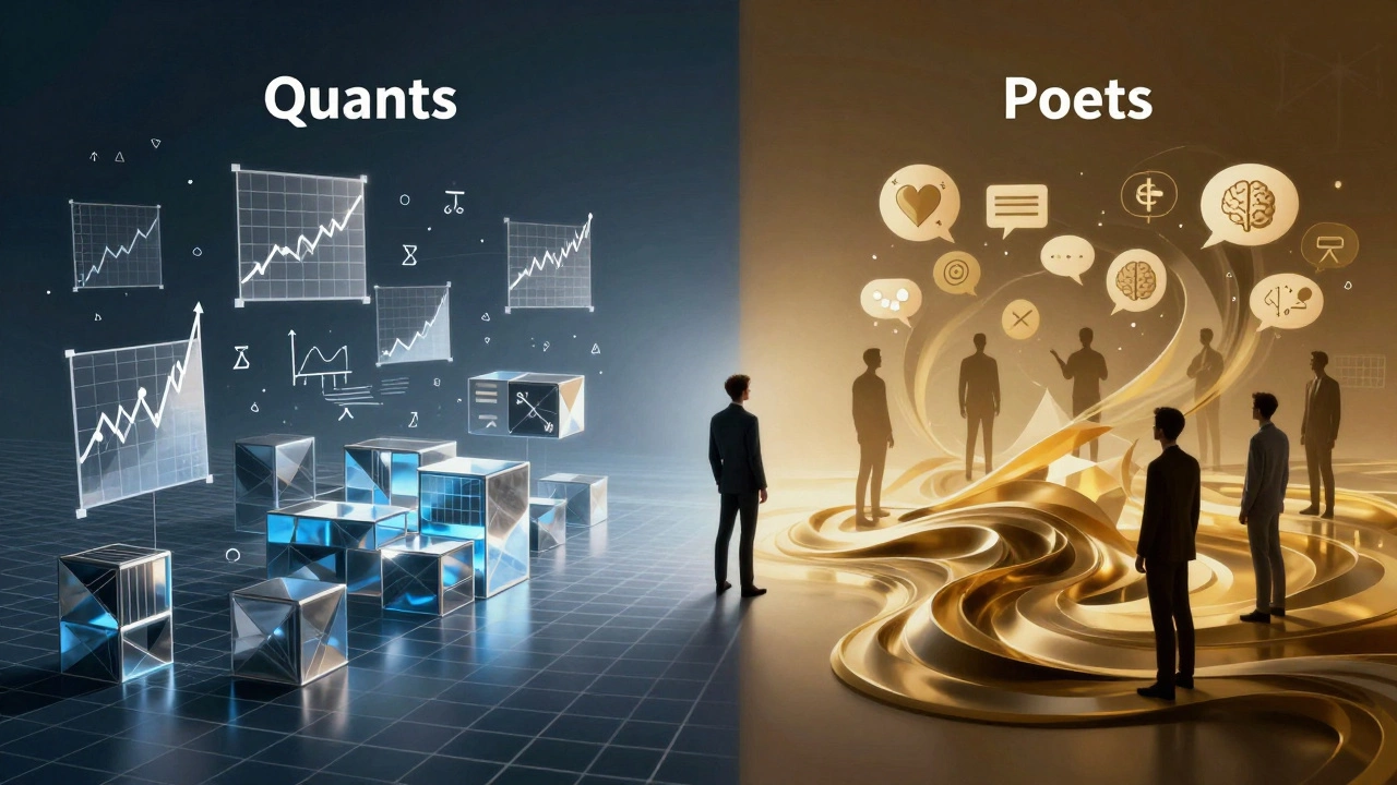 Conceptual art showing the contrast between quantitative data and human organizational behavior.