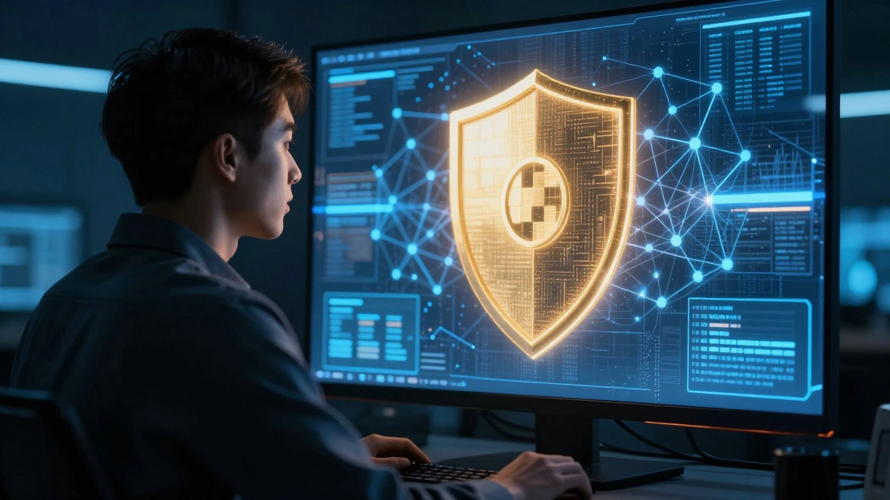 Cybersecurity specialist monitoring a digital shield and network nodes in a dark tech center