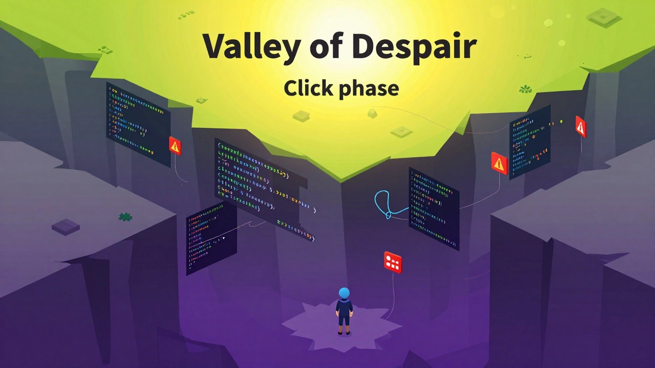 Isometric illustration of a person in a canyon of code errors climbing toward success