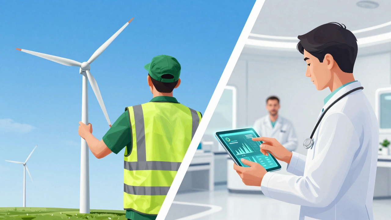Split screen showing a wind turbine technician and a healthcare professional using health tech