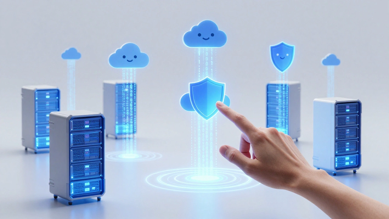 Abstract illustration of accessible cloud computing servers and icons