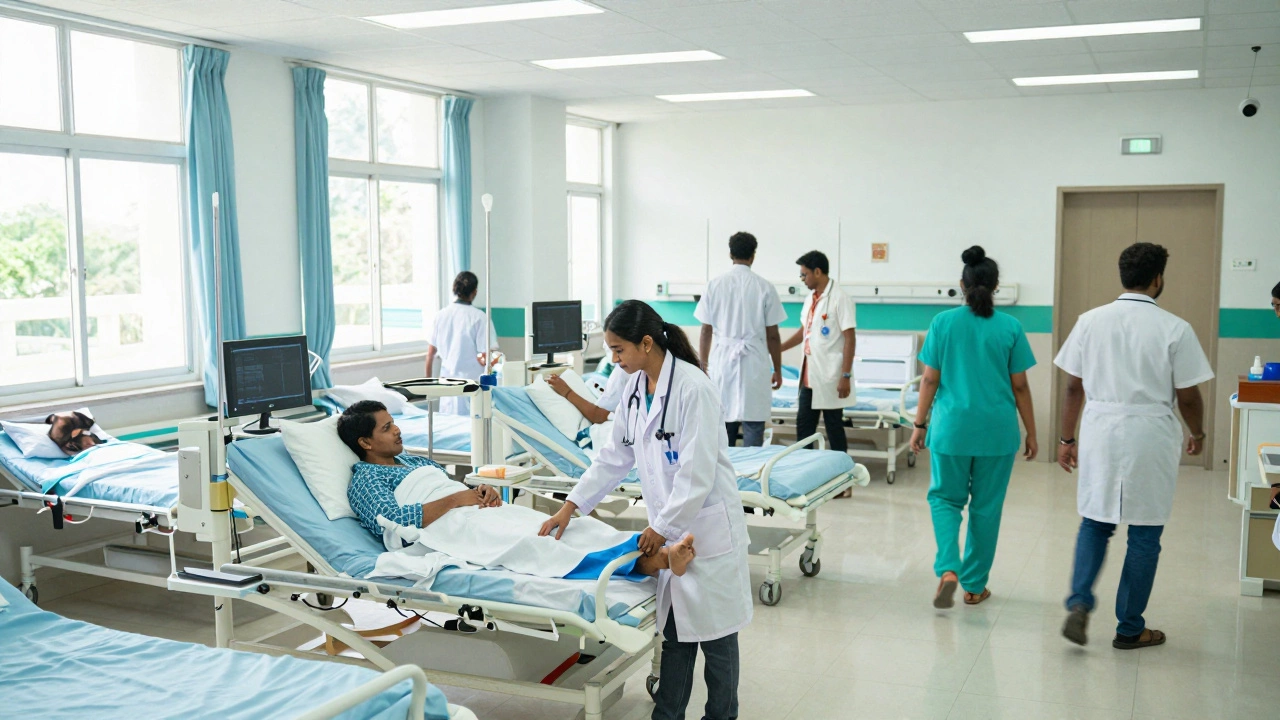 Busy Indian hospital ward with doctors treating patients under bright lights