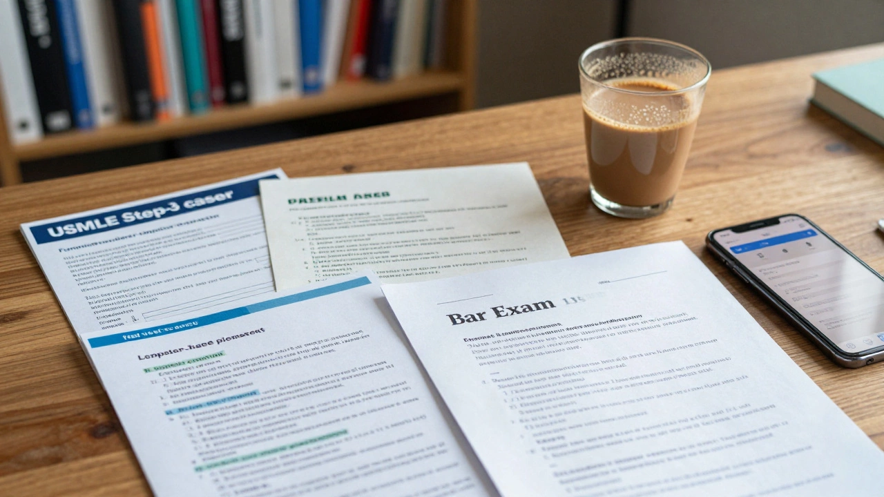 Close-up of exam prep tools including flashcards, notes, and masala chai, highlighting the stress of professional certifications.
