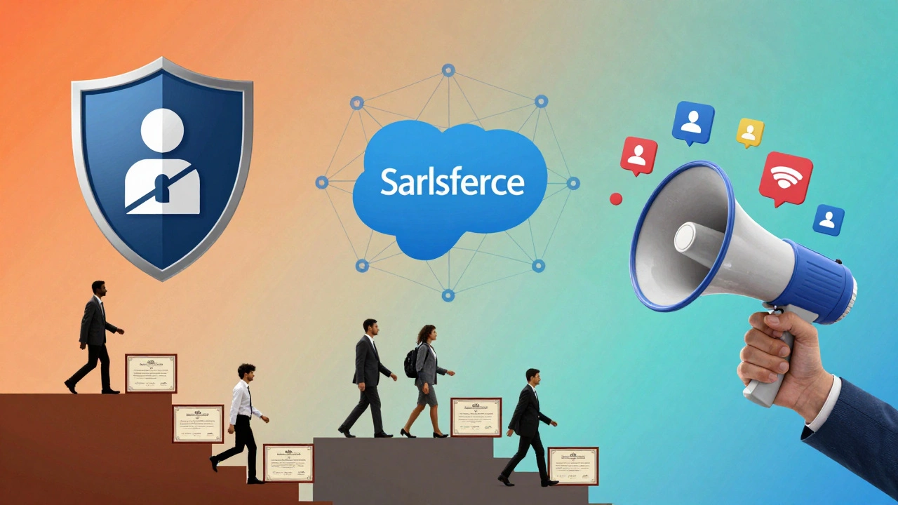 Collage showing cybersecurity, CRM, and marketing career paths