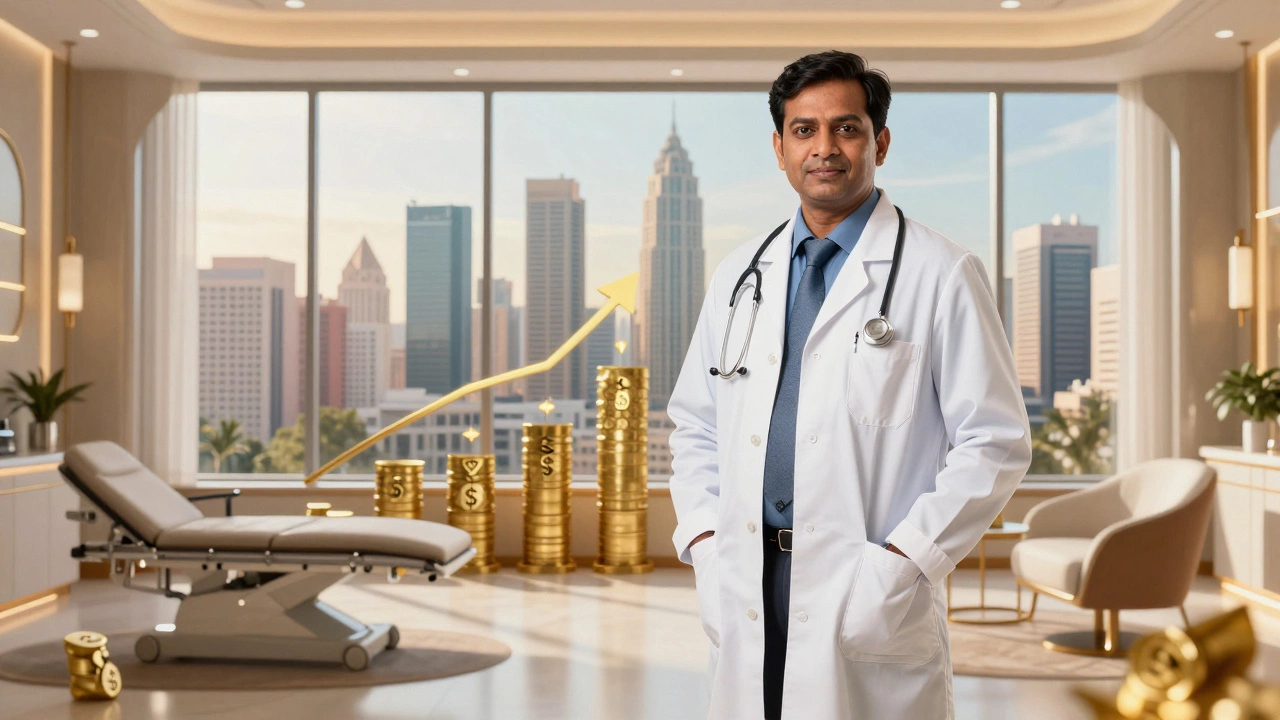 Confident senior doctor in a luxury private clinic overlooking a city