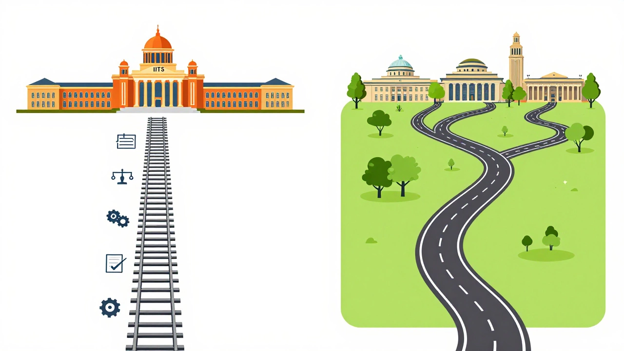 Illustration of diverging educational paths: rigid structure vs flexible global options