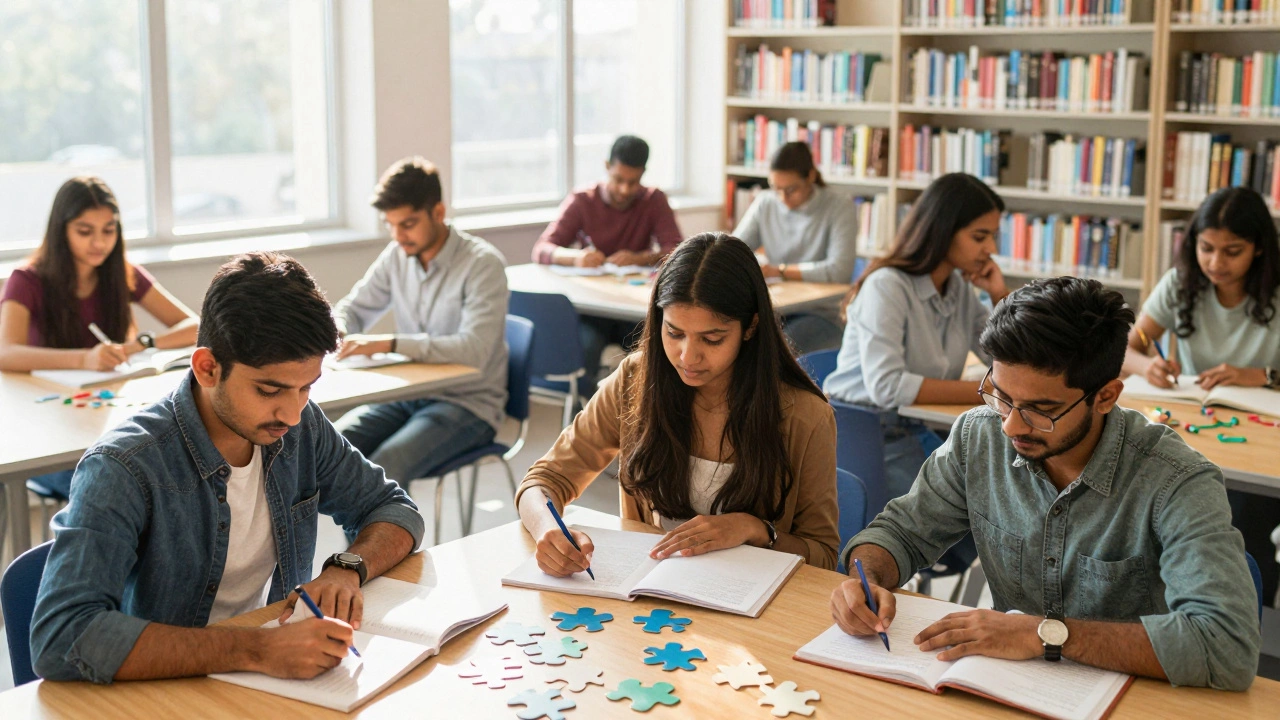 Indian students studying together in a bright library