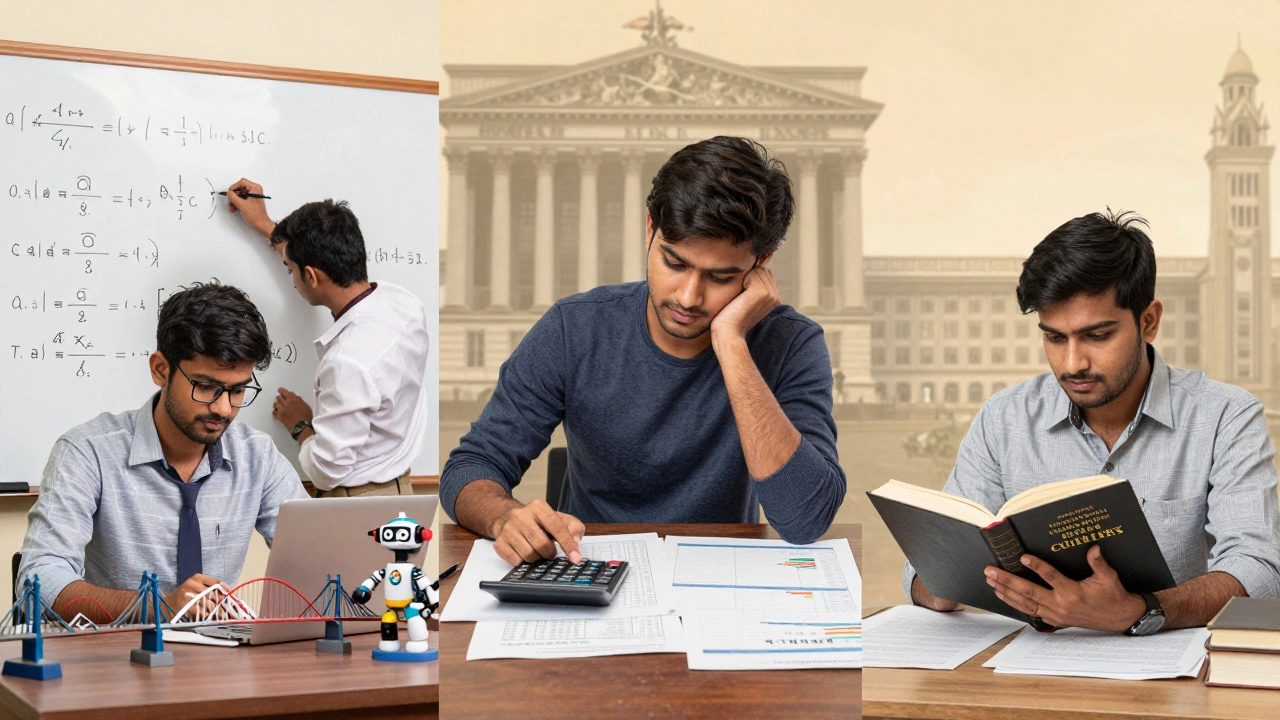 Split view of engineering, finance, and law study environments
