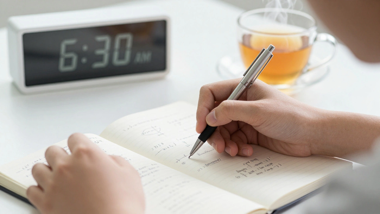 Student studying physics in bright morning light with a clock showing 6:30 AM.