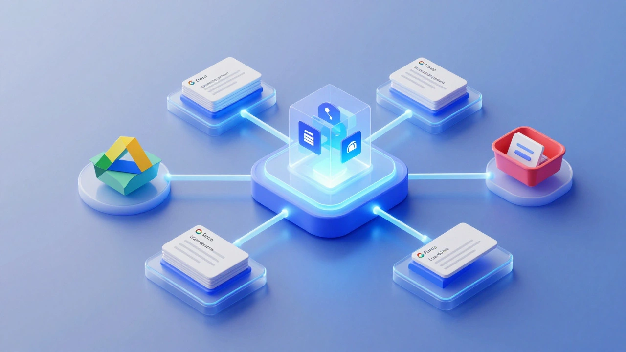 3D conceptual art showing a central hub connecting file storage and collaboration tools