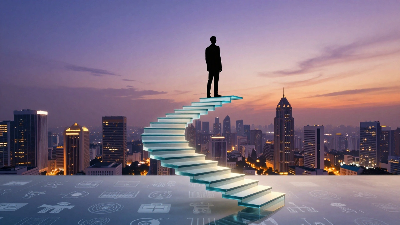 Abstract glass staircase leading to a view of a modern Indian city