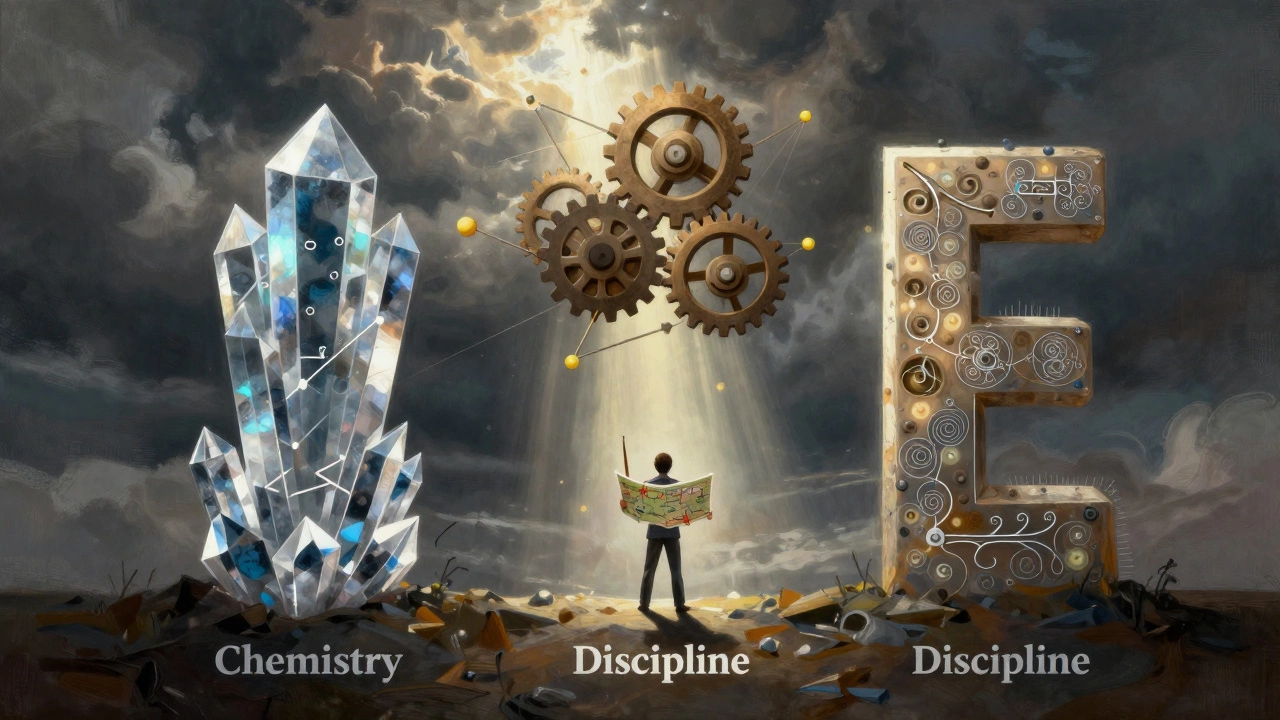 Abstract representation of balancing Physics, Chemistry, and Math for exam success
