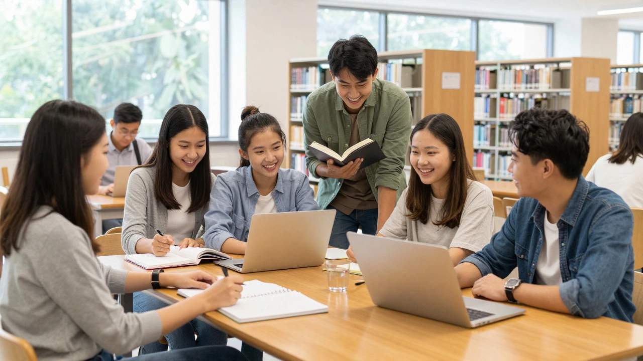 College students collaborating happily in a sunny university library