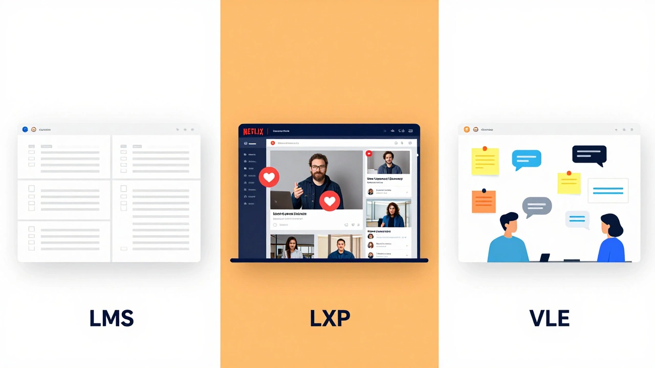 Comparison graphic showing structured LMS, personalized LXP, and collaborative VLE interfaces