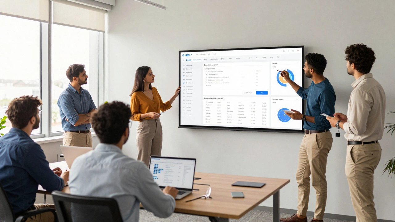 Diverse team collaborating on software training in bright corporate meeting room