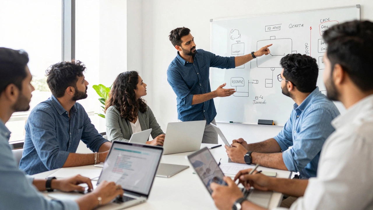 Indian professionals collaborating in a modern co-working workshop