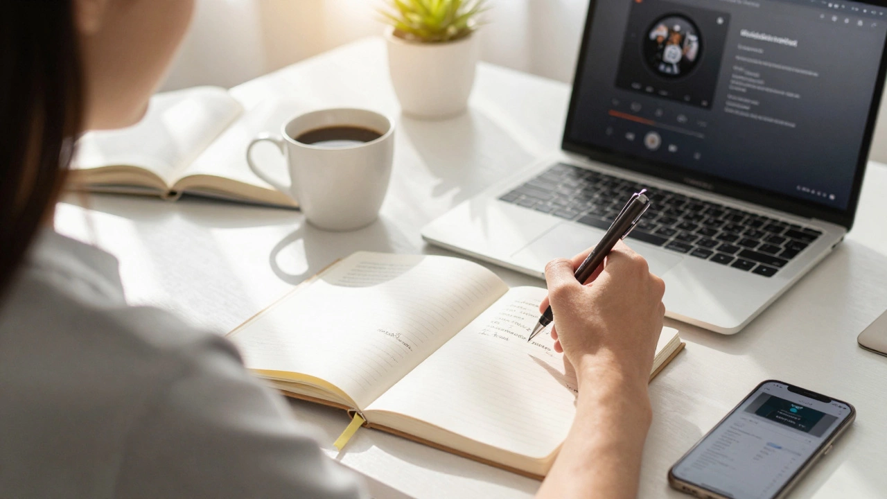 Person studying English at a sunny desk with books and a podcast