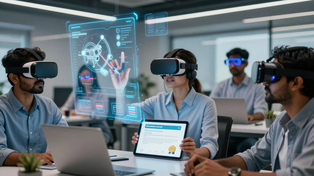 Professionals using VR and AR headsets for immersive training in a modern office