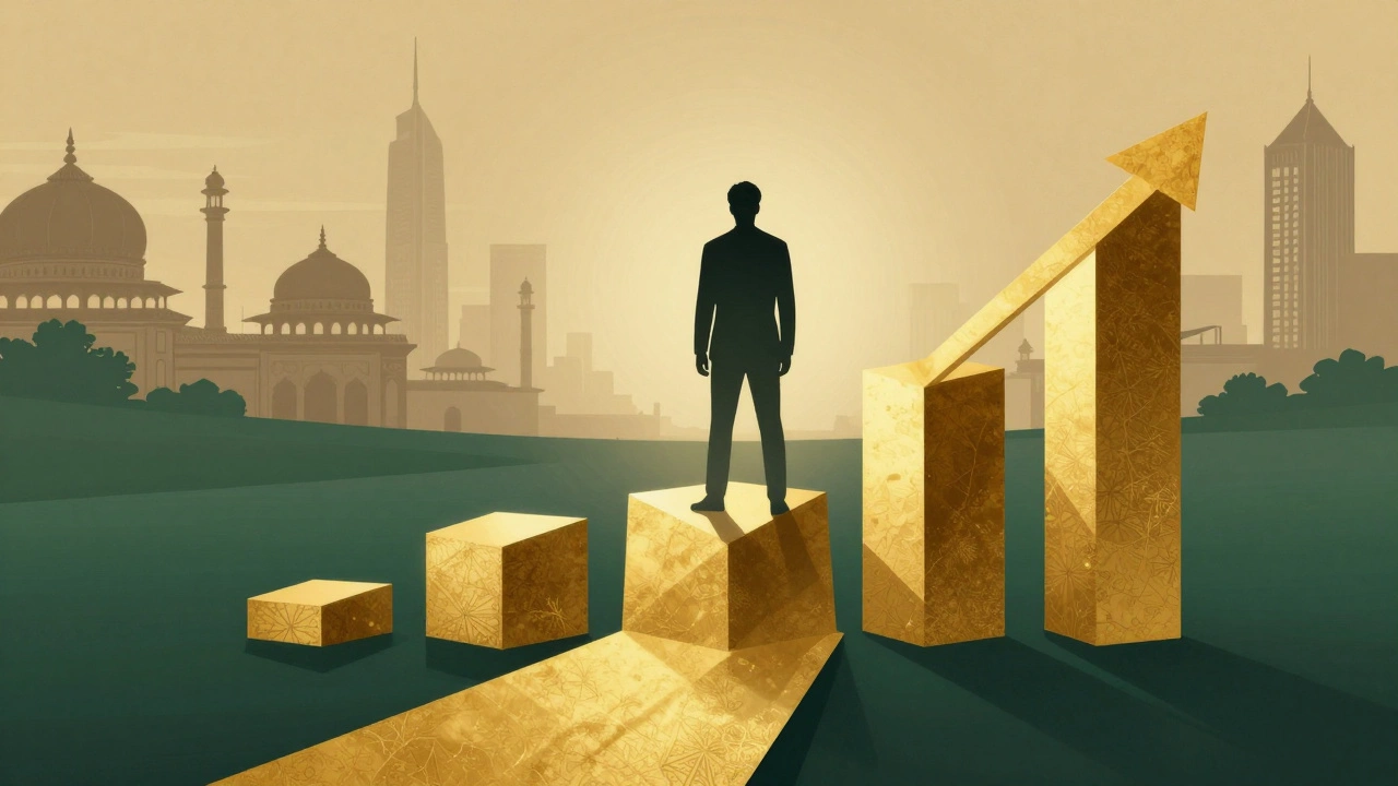 Silhouette on golden path symbolizing financial growth and wealth management