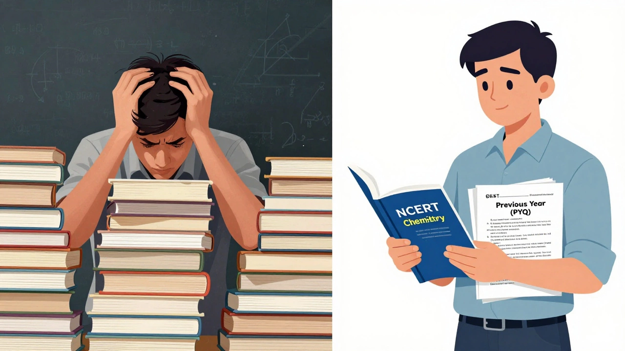 Split image contrasting stressed student with books vs calm student with NCERT