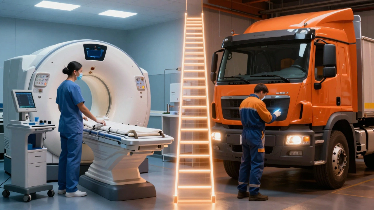 Split scene showing a radiologist and a diesel mechanic working
