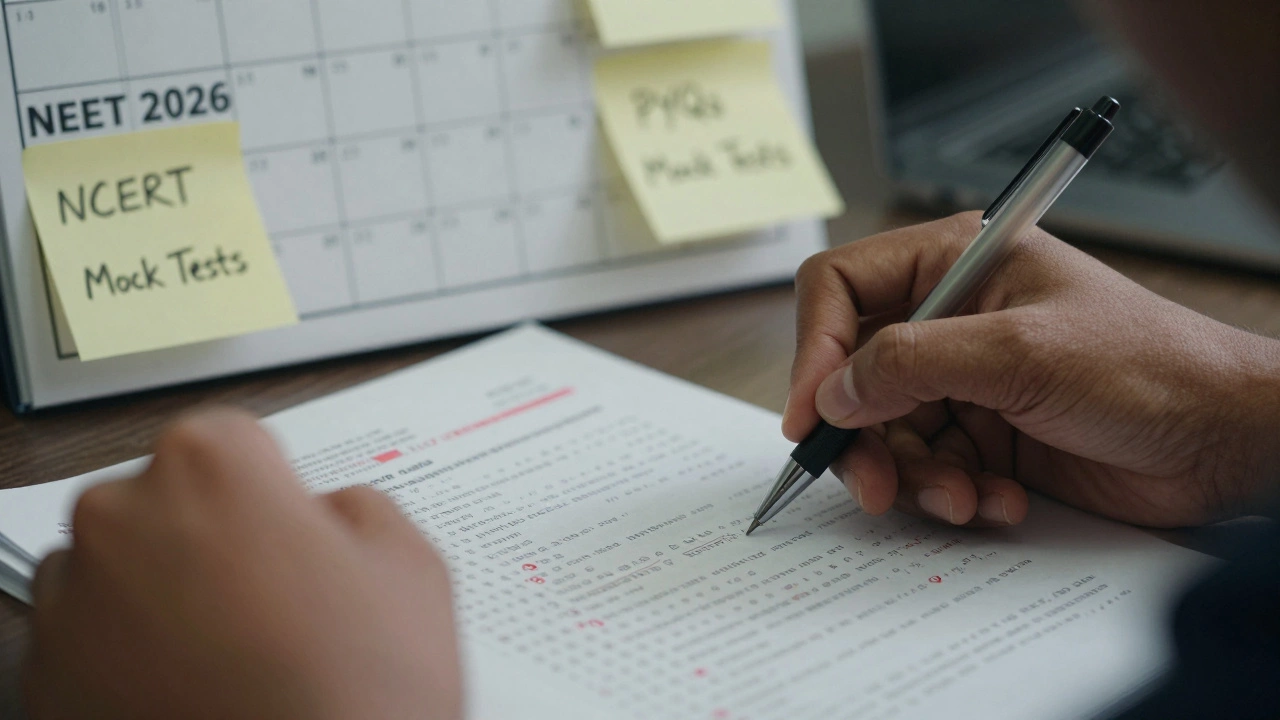 Student analyzing mock test answers with NEET 2026 prep notes in background