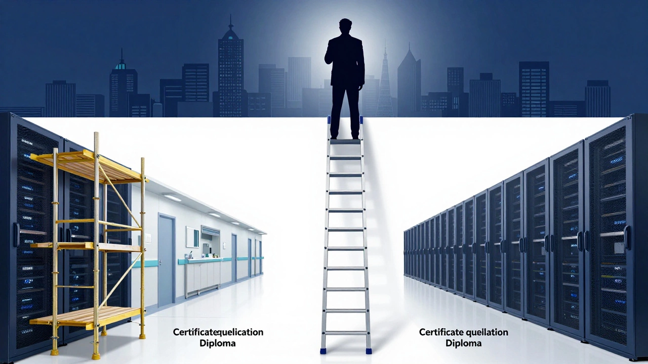 Career ladder ascending through trades, healthcare, and tech industries