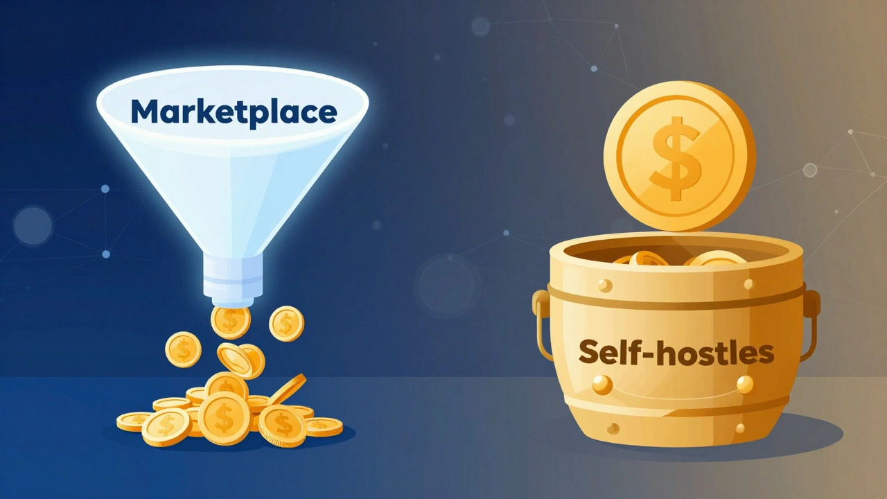 Conceptual graphic comparing marketplace volume vs self-hosted profit margins.